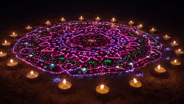Neon-Lit Mandala with Tealight Candle Arrangement