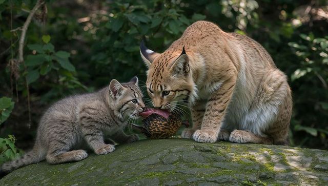 Wildcat mother and kitten licking seed pod on moss-covered rock in temperate forest