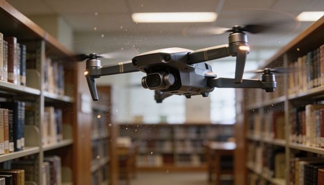 Hovering drone scanning library aisle, stirring dust, gimbal camera close-up