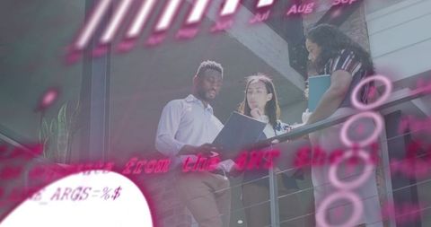 Collaborating on Documents on Modern Office Mezzanine with Futuristic Pink Data Overlay