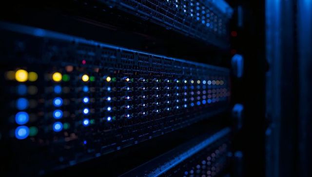 Glowing server rack with blue green yellow led indicators in dark data center