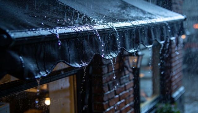 Rain-slick scalloped awning shedding rivulets over warm-lit brick storefront at night