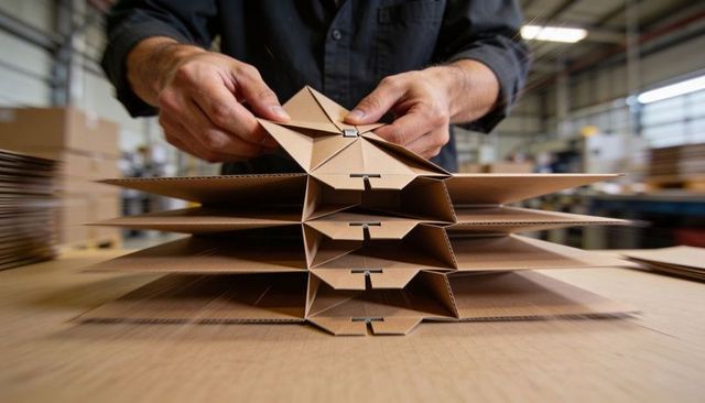Hands Assembling Corrugated Cardboard Boxes with Tab-Lock Folds on Workbench