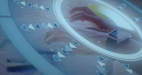 Hands typing on keyboard with innovative tech overlay