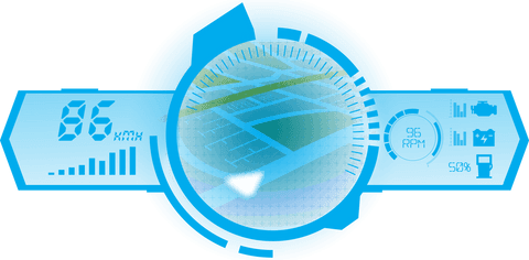 Transparent blue car dashboard with map and digital data