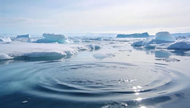 Rippling arctic sea with sun glinting on ice floes, circular waves crossing polar water