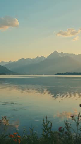 Sunset Fading Over Alpine Lake Vertical Video Showing Mountain Reflections and Gentle Ripples