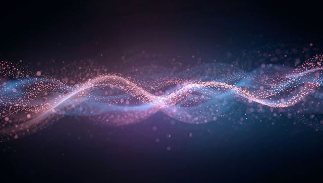 Intertwining Neon Particle Waves Forming Luminous Knot on Dark Gradient Background