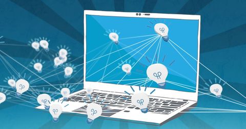 Light bulbs representing ideas connected to laptop