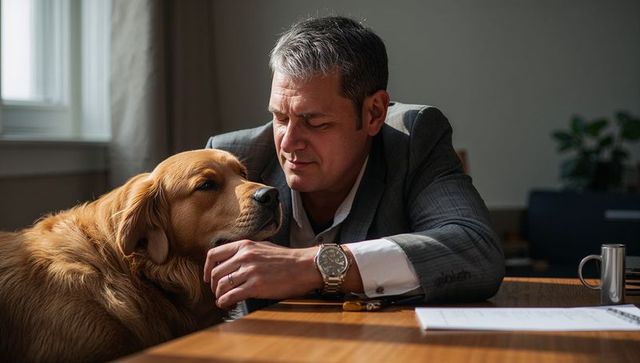 Professional man in suit bonding with golden retriever in modern office