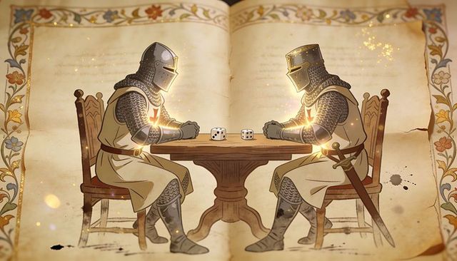 Templar knights playing dice on illuminated medieval manuscript with gilded marginalia