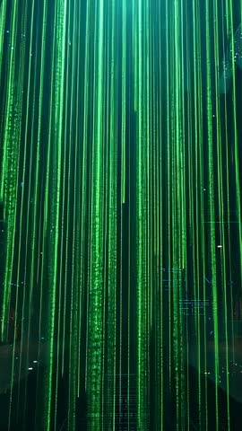 Neon Green Data Streams Streaming Down Virtual Shaft Feeding Holographic Grid Vertical Video