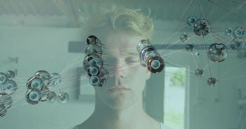 Young man encountering translucent molecular network overlay suggesting neural connectivity