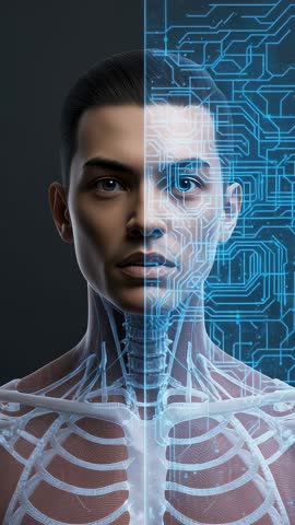 Revealing cyborg face merging anatomy and digital circuits | Futuristic vertical video