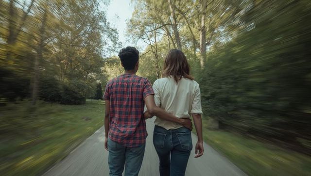 Young couple walking arm-in-arm holding waists on tree-lined country road at sunset