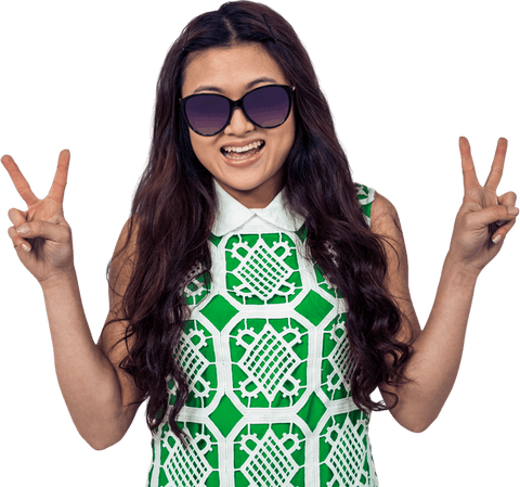 Happy asian woman making peace signs isolated on transparent background