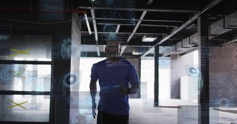 Backlit runner in industrial warehouse with futuristic hud overlays and tech interface