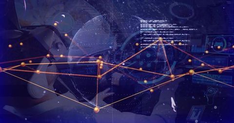 Man wearing hoodie using VR headset exploring holographic globe with neon data visualization