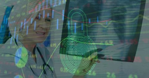 Healthcare professional analyzing financial data with biometric security overlay