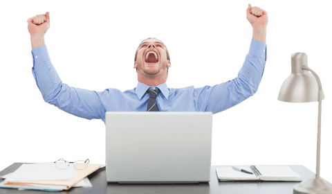 Businessman in office setting raising arms in celebration, epitomizes joy and success in professional life. Use to depict triumph, corporate achievements, motivational themes, or business orientations.