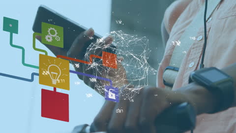 Digital Innovation: Woman Interacting with Smartphone and Futuristic Icons