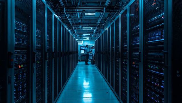 It technicians monitoring servers in dimly lit data center corridor