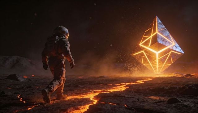 Walking astronaut approaching glowing floating polyhedron above volcanic lava fissure