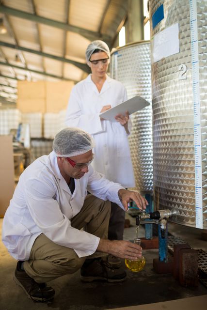 Technicians examining olive oil in factory