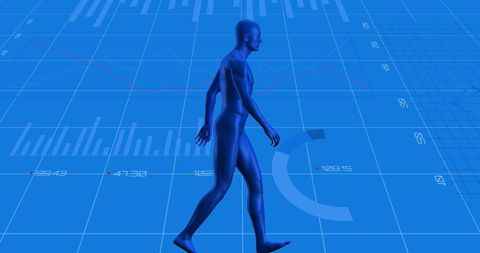 Digital human with data analysis on futuristic blue background