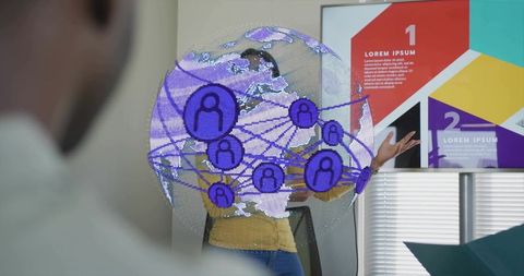 Woman presenting with digital globe hologram and network icons during office presentation