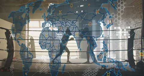 Sparring boxers training in industrial gym with global data map overlay
