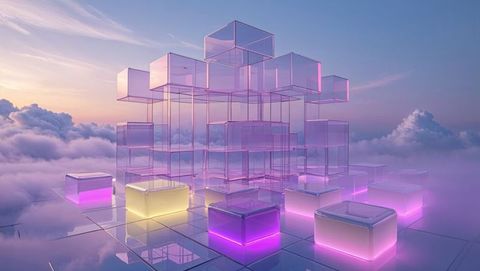 Futuristic transparent glass cubes glowing neon among clouds