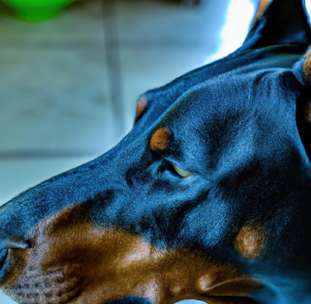 This close-up photo captures the peaceful resting moment of a Doberman indoors. Perfect for use in projects related to pets, dog breeds, animal behavior, or articles emphasizing the calming presence of pets at home.