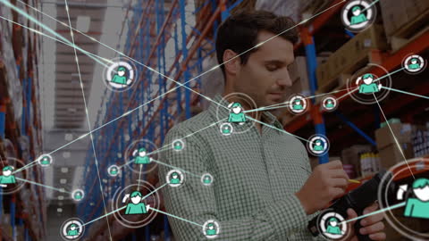 Warehouse Worker Managing Digital Inventory Using Network Connections