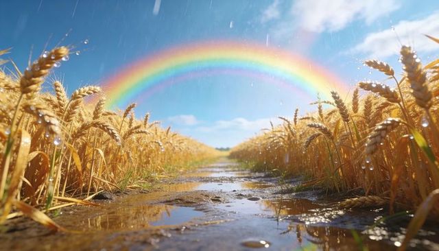 Golden wheat field reflecting rain puddles with vibrant rainbow arching over track