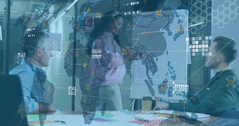 Woman Leading Strategy Presentation with Global Data Overlay, Teamwork in Boardroom