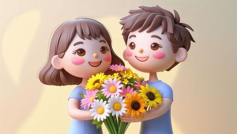 Cute Children Holding Colorful Bouquet Embracing Joyful Moment
