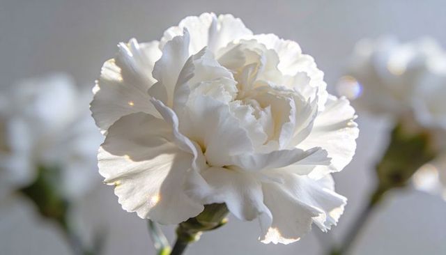 Soft white carnation macro showing ruffled petals and warm backlight bokeh glow