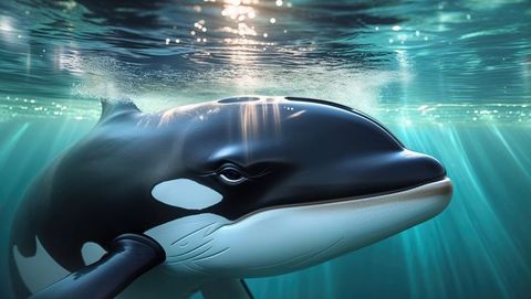 Orca whale gliding below ocean surface with sunlit waterscape