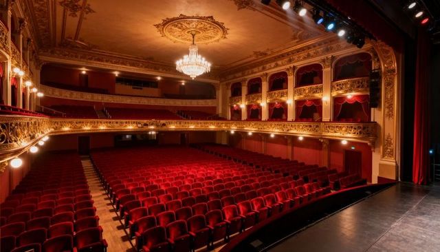 Ornate historic theater featuring red velvet seats, gilded balconies and chandelier