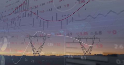 Power transmission towers bridging mountain ridge at sunset with finance charts overlay