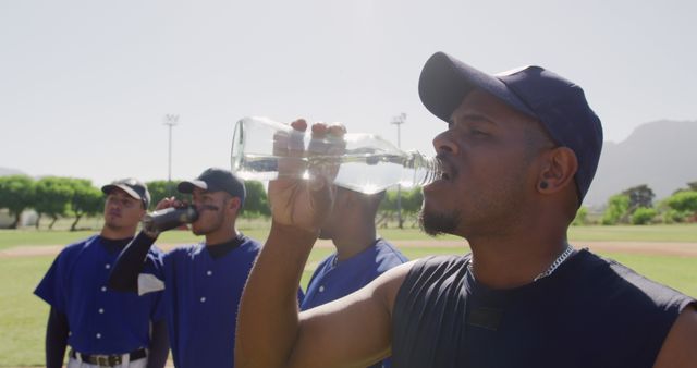 Baseball players taking a hydration break on a sunny outdoor field. Players wearing uniforms, drinking from water bottles. Useful for themes related to sports, teamwork, staying hydrated, health, and fitness.