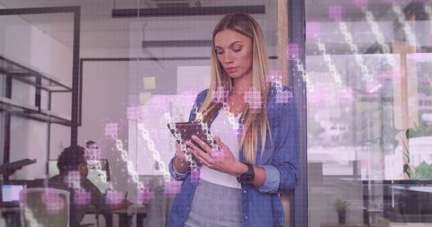 Businesswoman Analyzing Digital DNA Strugg Structure in Office