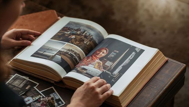 Hands Flipping Pages of Vintage Book Showing Colorful Hijab Portrait and Travel Collage