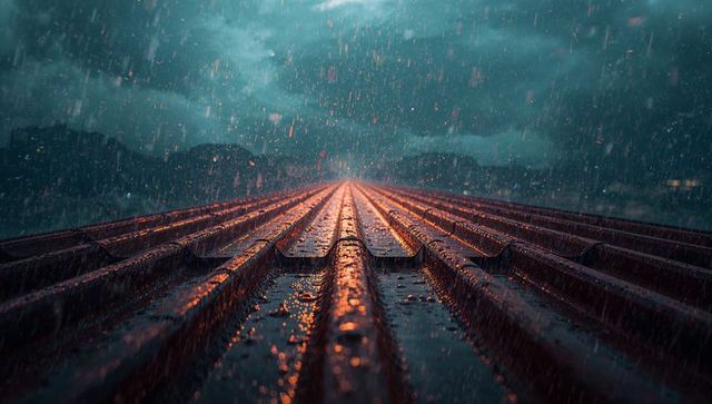 Moody wet corrugated metal roof reflects dramatic sky