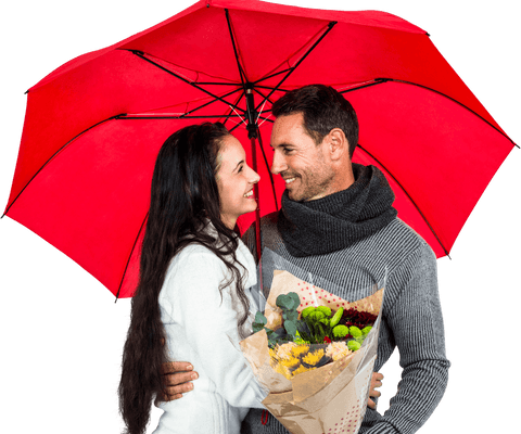 Transparent smiling couple embracing under red umbrella