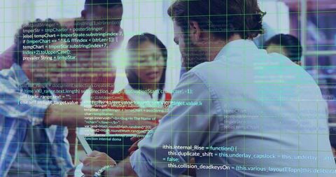 Bearded leader guiding team during tech brainstorming with digital code overlay