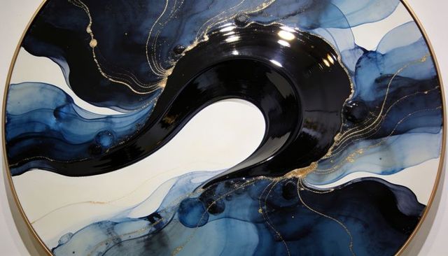 Glassy navy resin swirl with metallic gold veining on circular glossy modern wall art