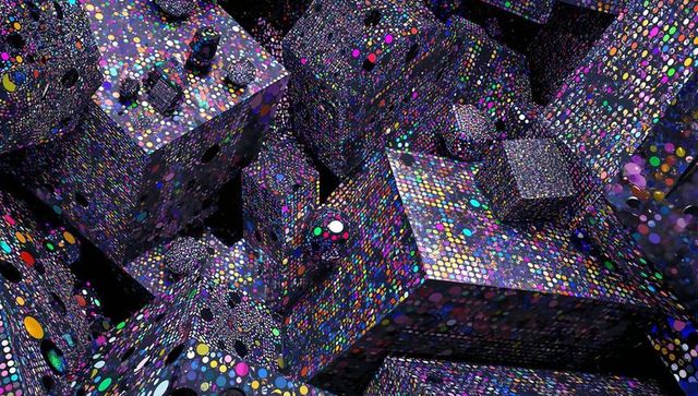 Neon Polka-Dot Cubes and Spheres Filling Dark Void, Abstract Geometric Tessellation Art