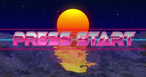 Retro futuristic press start sun over water